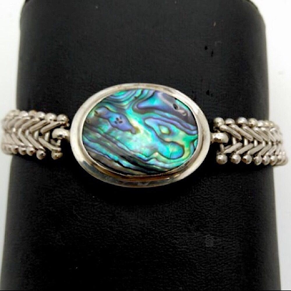 Sterling Silver Woven Bracelet With Abalone Cabochon Gemstone